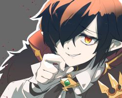Rule 34 | 1boy, black bow, black bowtie, black choker, bow, bowtie, brown hair, choker, collared shirt, commentary request, datenshi no fu, despair god morroc, grey background, grin, hair between eyes, hair over one eye, hand on own chin, highres, long bangs, looking at viewer, male focus, orange eyes, pointy ears, ragnarok masters, ragnarok online, shirt, short hair, slit pupils, smile, solo, upper body, white shirt