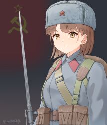 1girl absurdres ammunition_pouch artist_name backpack bag bayonet belt bolt_action brown_belt brown_hair closed_mouth collar_tabs commentary flag_background grey_hat grey_jacket gun hammer_and_sickle hat highres jacket leochan1202 military military_uniform mosin-nagant original pouch red_star rifle solo soviet soviet_army soviet_flag star_(symbol) upper_body ushanka weapon world_war_ii yellow_eyes