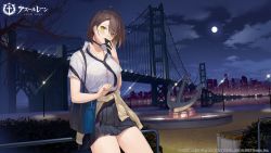1girl ahoge artist_request azur_lane bag baltimore_(after-school_ace)_(azur_lane) baltimore_(azur_lane) blouse blush braid braided_bangs breasts bridge brooklyn_bridge brown_hair cellphone choker clothes_around_waist cloud cloudy_sky collarbone copyright_name full_body holding logo looking_at_viewer loose_necktie medium_breasts monument moon necktie night night_sky official_art outdoors phone pleated_skirt school_bag school_uniform shirt short_hair short_sleeves simple_background skirt sky solo suspension_bridge sweater sweater_around_waist thighs white_shirt yellow_eyes