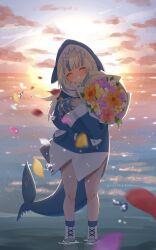 1girl animal_hood blue_hair blue_nails blue_socks blunt_bangs boots bottle bouquet closed_eyes commentary falling_petals fingernails fins fish_tail flower gawr_gura gawr_gura_(1st_costume) highres holding holding_bouquet hololive hololive_english hood hood_up hoodie hugging_object julie_(rolleybun) lace-up_boots long_sleeves looking_at_viewer multicolored_hair no_pants ocean outdoors petals shark_girl shark_hood shark_tail sharp_teeth ship_in_a_bottle smile socks solo standing streaked_hair tail teeth virtual_youtuber wading white_hair