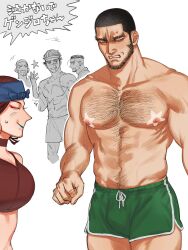 1girl 4boys alternate_costume bara beard_stubble black_hair blurry blush breasts bulge buzz_cut depth_of_field dolphin_shorts facial_hair golden_kamuy hairy highres inkarmat jo_tuesday19 laughing long_sideburns mature_male multiple_boys muscular muscular_male ogata_hyakunosuke partially_colored shiraishi_yoshitake short_hair shorts shy sideburns solo_focus sparse_arm_hair stifled_laugh stubble sugimoto_saichi tanigaki_genjirou thick_chest_hair thick_eyebrows thick_navel_hair topless_male very_short_hair