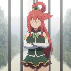 Rule 34 | 1girl, aqua (konosuba), aqua (konosuba) (cosplay), braid, breasts, closed eyes, commentary, cosplay, crossed arms, detached sleeves, green shirt, green skirt, hair rings, hong meiling, kono subarashii sekai ni shukufuku wo!, large breasts, long hair, miniskirt, red hair, shirosato, shirt, side braids, skirt, sleeveless, sleeveless shirt, standing, touhou