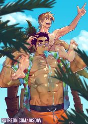 2boys abs alternate_costume bara bare_pectorals black_eyes black_hair brown_eyes brown_hair bulge carrying chest_hair collared_shirt couple dark-skinned_male dark_skin facial_hair food_on_body food_on_clothes hand_in_another&#039;s_hair index_finger_raised jasdavi large_pectorals luca_(jasdavi) male_focus multiple_boys muscular nantaimori navel navel_hair nipples noah_(jasdavi) on_shoulder open_clothes open_shirt orange_shorts original outdoors patreon_username pectorals piggyback pointing shirt short_hair shorts sideburns size_difference smile spread_legs stubble summer thick_thighs thighs topless_male tree yaoi