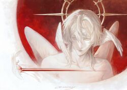 1boy absurdres angel_wings bare_shoulders bird blood_trail collarbone commentary death double_halo dove earrings expressionless feathered_wings gold_earrings gold_halo hair_between_eyes hair_intakes halo halo_behind_head head_tilt head_wings highres honkai:_star_rail honkai_(series) jewelry leaning_forward looking_to_the_side male_focus medium_hair moon multiple_wings no_pupils nude piercing red_moon simple_background solo_focus spiked_halo ssanagi00 straight-on sunday_(honkai:_star_rail) symbol-only_commentary white_background white_hair white_wings wing_piercing wings yellow_eyes