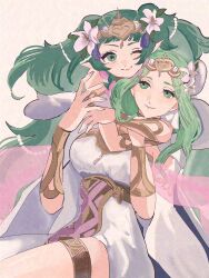 2girls bracelet chimney_(chimney0311) closed_mouth dress female_focus fingernails fire_emblem fire_emblem:_three_houses fire_emblem_heroes flower green_eyes green_hair grey_background hair_flower hair_ornament highres hug hug_from_behind jewelry long_hair looking_at_another looking_at_viewer matching_hair/eyes mother_and_daughter multiple_girls nintendo official_alternate_costume one_eye_closed rhea_(aura_of_love)_(fire_emblem) rhea_(fire_emblem) simple_background smile sothis_(aura_of_love)_(fire_emblem) sothis_(fire_emblem) thighlet twintails very_long_hair white_dress white_flower