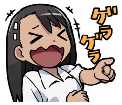&gt;_&lt; +++ 1girl 774_(nanashi) black_hair closed_eyes collared_shirt ijiranaide_nagatoro-san laughing long_hair lowres nagatoro_hayase open_mouth pointing shirt simple_background smile solo tan upper_body white_background white_shirt
