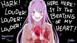 1girl blood blood_on_clothes blood_on_hands blood_splatter blush character_name crazy_eyes crazy_smile dated doki_doki_literature_club english_text hato_moa heart heart-shaped_pupils heart_(organ) literature looking_at_viewer purple_eyes purple_hair school_uniform shaded_face smile symbol-shaped_pupils yandere yuri_(doki_doki_literature_club)