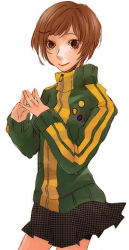 1girl atlus az0212 bad_id bad_pixiv_id brown_eyes brown_hair female_focus jacket persona persona_4 pleated_skirt satonaka_chie school_uniform short_hair simple_background skirt smiley_face solo track_jacket white_background