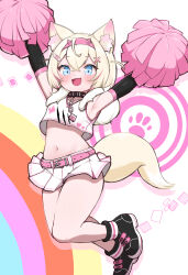 1girl :d alternate_costume animal_ear_fluff animal_ears armpits arms_up bandaid bandaid_hair_ornament belt blonde_hair blue_eyes blush cheerleader collar crossed_bangs dog_ears dog_girl dog_tail elbow_gloves fang gloves hair_ornament highres hololive hololive_english kani_bonara looking_at_viewer microskirt mococo_abyssgard mococo_abyssgard_(1st_costume) navel open_mouth pink_belt pleated_skirt pom_pom_(cheerleading) short_hair skirt smile solo stomach tail virtual_youtuber white_background white_skirt x_hair_ornament
