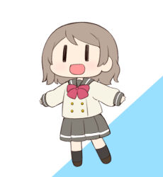 Rule 34 | 1girl, black eyes, bow, bowtie, brown hair, buttons, chibi, grey hair, grey sailor collar, grey skirt, loafers, long sleeves, love live!, love live! sunshine!!, miyako hito, necktie, pleated skirt, red bow, red bowtie, red necktie, sailor collar, school uniform, serafuku, shoes, short hair, simple background, skirt, socks, solo, uranohoshi school uniform, watanabe you, wavy hair, white background, winter uniform