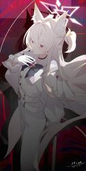 1girl absurdres akira_(blue_archive) animal_ear_fluff animal_ears black_choker blue_archive blue_bow bow cat_ears cat_girl choker closed_mouth gloves hair_between_eyes hayate_(1034853996) highres jacket jacket_on_shoulders long_hair looking_at_viewer pants pink_eyes ponytail shirt short_ponytail sidelocks solo white_gloves white_hair white_jacket white_pants white_shirt
