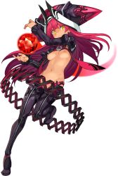 1girl apostle_garnet breasts crystal female_focus full_body gem hat highres long_hair long_sleeves looking_at_viewer medium_breasts navel nipples official_art onono_imoko rance rance_(series) rance_03 rance_03_leazas_kanraku red_gemstone red_hair shrug_(clothing) smile solo transparent_background white_background yellow_eyes
