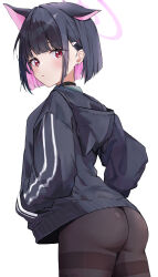 1girl animal_ears black_choker black_hair black_jacket black_pantyhose blue_archive cat_ears choker hair_ornament halo highres hiragi_1014 hood hooded_jacket jacket kazusa_(blue_archive) multicolored_hair pantyhose pink_hair pink_halo red_eyes sidelocks