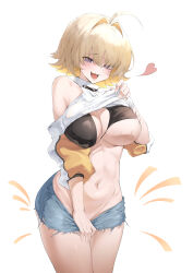1girl absurdres ahoge black_bra blonde_hair bra breasts clothes_lift clothes_pull commentary_request denim denim_shorts elegg_(nikke) goddess_of_victory:_nikke hair_intakes heart highres large_breasts lifting_own_clothes luya_(luyachan) mixed-language_commentary navel no_panties open_mouth pulling_own_clothes purple_eyes short_hair shorts shorts_pull simple_background solo stomach sweater sweater_lift thighs underwear white_background white_sweater