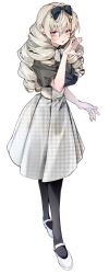 1girl black_pantyhose blush bow drill_hair enomoto_nao full_body grey_hair hair_bow high-waist_skirt highres long_hair looking_at_viewer mary_janes ojou-sama_pose open_mouth original pantyhose pink_eyes shoes simple_background skirt solo white_background