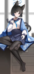 1girl absurdres animal_ears black_eyes black_hair black_pantyhose blue_archive blue_halo blue_neckerchief blue_skirt breasts cat_ears cat_girl cat_tail closed_mouth feet fengqun halo highres kikyou_(blue_archive) legs looking_at_viewer medium_breasts multiple_tails neckerchief pantyhose school_uniform serafuku short_hair sitting skirt smile soles solo tail toes