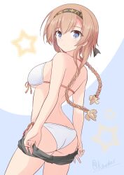1girl ass bikini black_headband black_shorts braid brown_hair clothes_writing contrapposto denim denim_shorts grey_eyes headband highres kantai_collection long_hair looking_at_viewer looking_back official_alternate_costume shizuna_kaede shorts side-tie_bikini_bottom solo star_(symbol) swimsuit teruzuki_(kancolle) teruzuki_(swimsuit)_(kancolle) twin_braids twitter_username undressing white_bikini