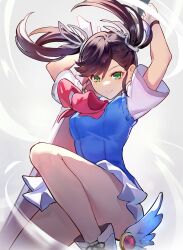 1girl alternate_color ankle_wings bow brown_hair green_eyes hair_ribbon highres long_hair nanase_(under_night_in-birth) player_2 qitoli ribbon school_uniform skirt smile solo sweater_vest sword twintails under_night_in-birth weapon wings