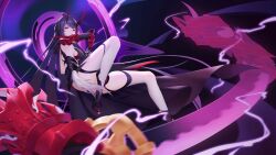 1girl absurdres armor black_dress black_footwear black_gloves black_skirt breasts check_commentary commentary_request disembodied_hand dress electricity gloves highres holding holding_sword holding_weapon honkai_(series) honkai_impact_3rd horns katana large_breasts long_hair long_horns negi3 pauldrons purple_eyes purple_hair raiden_mei raiden_mei_(herrscher_of_thunder) red_horns shoulder_armor single_pauldron skirt solo sword thighhighs very_long_hair weapon white_thighhighs