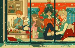 Rule 34 | 1girl, 3boys, black hair, blonde hair, blue eyes, brown eyes, brown hair, christmas, christmas ornaments, christmas tree, cooking, cup, draco malfoy, green eyes, harry potter, harry potter (series), helen jee, hermione granger, highres, holding, holding cup, multiple boys, red hair, ron weasley, snow, snowing, sweater, wizarding world