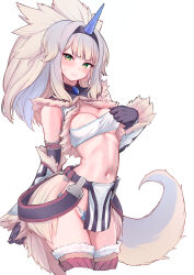 1girl absurdres angry animal_ears areola_slip armor bandeau bare_shoulders bikini_armor blue_panties blunt_bangs blush breasts brown_thighhighs cleavage clenched_teeth clothes_pull cropped_vest dog_ears dog_girl dog_tail elbow_gloves fur-trimmed_thighhighs fur-trimmed_vest fur_trim gloves green_eyes grey_hair hairband highres horns kirin_(armor) loincloth long_hair looking_at_viewer midriff navel nijisanji panties panty_peek shioriha_ruri single_horn solo standing strapless sweat tail teeth thighhighs tube_top tube_top_pull underwear vest virtual_youtuber wisespeak
