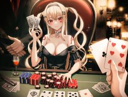 1girl 2others absurdres alcohol black_dress blonde_hair blush breasts card casino casino_card_table choker cleavage copyright_request cup dress drinking_glass eichi_(skskdi12z) gambling gun hair_ornament hairband hairclip highres large_breasts low-cut multiple_others nail_polish off_shoulder playing_card poker_chip red_eyes table twintails watch weapon wine wine_glass
