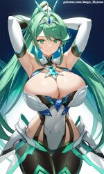 1girl aegis_elysium ai-assisted ai-generated armpits arms_behind arms_behind_head arms_up blush breasts cleavage earrings elbow_gloves female female_focus gem gloves green_eyes green_hair hair_ornament headpiece huge_breasts jewelry large_breasts long_sleeves nintendo patreon patreon_username pneuma pneuma_(xenoblade) ponytail skindentation solo solo_focus thick_breasts thick_thighs thighhighs thighs tiara xenoblade_chronicles_(series) xenoblade_chronicles_2