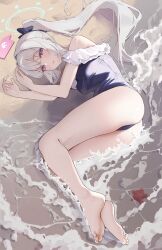 1girl absurdres ass bare_shoulders barefoot beach black_bow blue_archive blue_halo blue_one-piece_swimsuit blush bow breasts casual_one-piece_swimsuit commentary_request frilled_one-piece_swimsuit frills full_body hair_bow hair_intakes hair_ornament halo highres legs long_hair looking_at_viewer lying medium_breasts miyako_(blue_archive) miyako_(swimsuit)_(blue_archive) ocean off-shoulder_one-piece_swimsuit off_shoulder official_alternate_costume official_alternate_hairstyle on_ground on_side one-piece_swimsuit outdoors phone pomp_(qhtjd0120) ponytail purple_eyes solo starfish swimsuit thighs toes water white_hair