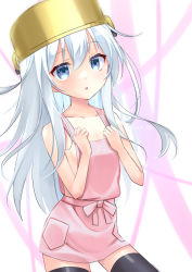 absurdres black_thighhighs blue_eyes collarbone flat_chest hibiki_(kancolle) highres kantai_collection long_hair looking_at_viewer pot pot_on_head thighhighs white_hair yuuki_mia