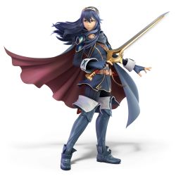 1girl 3d absurdres belt blue_eyes blue_hair boots cape corrupted_metadata cuffs emblem falchion_(fire_emblem) female_focus fingerless_gloves fire_emblem fire_emblem_awakening full_body gloves highres long_hair lucina_(fire_emblem) nintendo sheath solo super_smash_bros. sword symbol-shaped_pupils thigh_boots thighhighs tiara transparent_background weapon