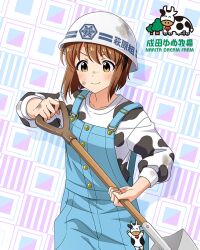 1girl brown_eyes brown_hair buttons card_(medium) cow english_text hagiwara_yukiho helmet holding idolmaster idolmaster_million_live! idolmaster_million_live!_theater_days japanese_text official_art overalls shirt shovel smile t-shirt tree
