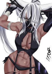 1girl abs absurdres animal_ears antlers arm_wrap armpits black_gloves black_hair black_mask black_nails black_panties body_markings breasts cleavage commission dark-skinned_female dark_skin fingerless_gloves fingernails gloves grey_eyes hair_over_one_eye highres horns indie_virtual_youtuber long_hair mask mechanical_arms mechanical_tail meme_attire misuna_kaziya mouth_mask navel panties sharp_fingernails signature single_mechanical_arm solo tail thigh_gap tira_(tiiramiiisu2) underwear virgin_destroyer_sweater virtual_youtuber white_background white_hair