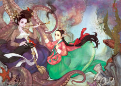 2girls alternate_costume alternate_hairstyle ariel_(disney) black_hair braid breasts brown_eyes cleavage commentary english_commentary fins fish fish_tail flower hair_flower hair_ornament hair_ribbon hair_stick headpat holding holding_smoking_pipe kiseru korean_clothes long_hair medium_breasts mermaid monster_girl multiple_girls nayoung_wooh ribbon scylla single_braid smoking_pipe tail tentacles the_little_mermaid_(disney) underwater ursula_(disney) very_long_hair