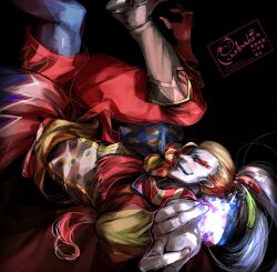 1boy artist_logo artist_name asymmetrical_clothes black_background blonde_hair blue_lips blue_pants boots brown_boots cape cefca_palazzo clown english_text facepaint final_fantasy final_fantasy_vi highres logo long_hair looking_at_hand male_focus panda=hiro pants ponytail reaching reaching_towards_viewer red_eyes red_pants signature smile smirk solo
