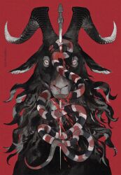 animal animal_focus black_fur blood blood_spray bloody_weapon goat goat_horns highres horizontal_pupils horns impaled looking_at_viewer nightcrow no_humans original red_background simple_background slit_pupils snake stab sword weapon