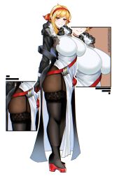 1girl black_gloves black_pantyhose black_thighhighs blonde_hair breasts dress garter_straps gloves hairband highres hololive hololive_indonesia huge_breasts kaela_kovalskia kaela_kovalskia_(1st_costume) looking_at_viewer muhammaddeny neck_warmer pantyhose platform_shoes red_eyes red_hairband solo thighhighs virtual_youtuber white_dress