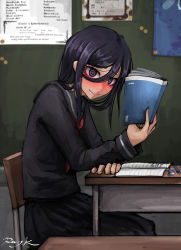 1girl artist_name black_eyes black_hair black_serafuku black_skirt blush book chair commentary desk fukasugi_aiko hair_between_eyes heart heart-shaped_pupils highres holding holding_book indoors long_hair long_skirt looking_at_viewer nose_blush original ray-k school_desk school_uniform serafuku sitting skirt smile solo symbol-shaped_pupils aged_down