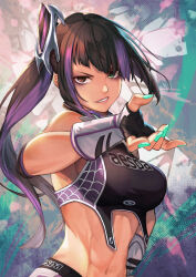 Rule 34 | 1girl, black hair, brown eyes, crop top, green eyes, green nails, han juri, heterochromia, hinoru saikusa, looking at viewer, midriff, official alternate costume, official alternate hairstyle, print vest, purple hair, purple vest, smile, solo, spider web print, street fighter, street fighter 6, striped hair, swept bangs, upper body, vest