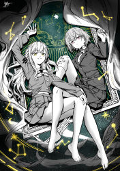 2girls bang_dream! bang_dream!_it&#039;s_mygo!!!!! bare_legs barefoot chibi commentary_request constellation curtains highres jacket long_hair midriff multiple_girls navel partially_colored pink_eyes plantar_flexion pleated_skirt qingwa_chi_she school_uniform scorpius_(constellation) shirt short_hair sidelocks skirt takamatsu_tomori toe_scrunch togawa_sakiko tsukinomori_school_uniform yellow_eyes