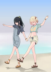 Rule 34 | 2girls, absurdres, arms up, beach, bikini, bikini under clothes, bikini under shorts, black hair, blonde hair, blue overalls, bob cut, breasts, hair ornament, hair scrunchie, highres, holding hands, inoue takina, long hair, looking down, lycoris recoil, medium breasts, midriff, multiple girls, navel, nishikigi chisato, ocean, overalls, ponytail, sand, sandals, scrunchie, shadow, short shorts, shorts, sidelocks, swimsuit, umatarou (a05867430), unbuttoned, yuri