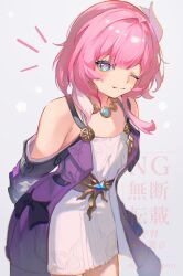 1girl ;3 bare_shoulders blue_eyes blush commentary cowboy_shot cyrene_(honkai:_star_rail) dress grey_background highres honkai:_star_rail honkai_(series) jewelry looking_at_viewer necklace nico_(nicorkgk) off-shoulder_dress off_shoulder one_eye_closed pink_hair pink_pupils purple_dress short_hair smile solo standing white_dress
