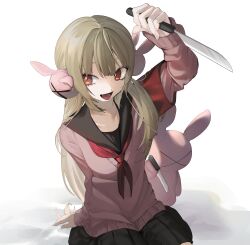 Rule 34 | 1girl, absurdres, black sailor collar, brown hair, cardigan, fang, hair ornament, hashtag-only commentary, highres, holding, holding knife, knife, long hair, long sleeves, looking at viewer, natori sana, natori sana (school uniform), neckerchief, open mouth, pink cardigan, pleated skirt, rabbit hair ornament, red eyes, red neckerchief, sailor collar, sana channel, school uniform, simple background, sitting, skirt, solo, stuffed animal, stuffed rabbit, stuffed toy, tongue, twintails, umashio potechi-san, virtual youtuber, weapon, white background