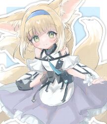 1girl animal_ears arknights bare_shoulders black_gloves blonde_hair blue_hairband braid braided_hair_rings closed_mouth dress fox_ears fox_girl fox_tail frilled_dress frills gloves green_eyes hair_rings hairband highres infection_monitor_(arknights) looking_at_viewer material_growth oripathy_lesion_(arknights) purple_dress s_un_o short_hair single_glove smile solo suzuran_(arknights) tail twin_braids