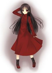1girl alma_wade animification arm_behind_head bad_id bad_pixiv_id black_hair black_socks brown_hair dress f.e.a.r. female_focus highres long_hair long_sleeves looking_at_viewer mary_janes niboss red_dress red_eyes shoes sleeves_past_wrists socks solo