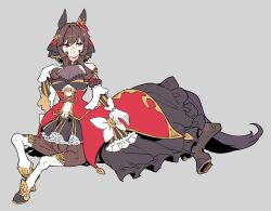 1girl :&gt; animal_ears black_skirt braid braided_hair_rings breasts bright_pupils brown_hair centaur cleavage commentary crossed_legs detached_sleeves dress ear_covers ear_ornament gentildonna_(umamusume) gloves grey_background hair_between_eyes hair_rings hand_in_own_hair highres hooves horse_ears horse_tail horseshoe layered_skirt on_ground puffy_sleeves red_dress red_eyes see-through_clothes sidelocks sideways_glance simple_background skirt solo tail takatsuki_nato taur umamusume white_gloves