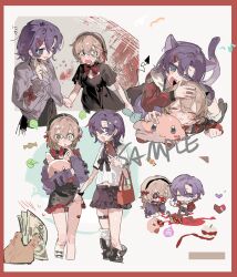 1boy 1girl 2girls absurdres animal_ears bag black_dress blue_eyes blush border bow bowtie candy cardigan cat_ears cat_tail chibi chibi_inset crying dress food hair_between_eyes hair_ornament hairclip highres holding holding_hands lollipop long_sleeves money multiple_girls original purple_hair qyzhiaiyisheng red_border sailor_collar sample_watermark school_uniform shirt short_hair skirt socks stuffed_toy tail thigh_strap watermark