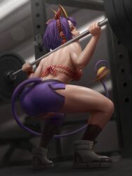 Rule 34 | 1girl, absurdres, ass, bare shoulders, black boots, black socks, blurry, blurry background, boots, bow, bra, breasts, commission, demon tail, earbuds, earphones, earrings, exercising, from behind, full body, gym, gym shorts, hair bow, hashtag-only commentary, highres, horns, indie virtual youtuber, indoors, jewelry, light particles, looking at viewer, looking back, medium breasts, muscular, muscular female, numanoan, onigiri (vtuber), pump, purple hair, purple shorts, purple tail, red bow, red bra, short hair, shorts, socks, solo, squat (exercise), squatting, striped bra, striped clothes, sweat, tail, underwear, virtual youtuber, watch, weightlifting, weights, wristwatch, yellow eyes, yellow horns