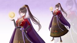 1girl absurdres alternate_costume beidou_(genshin_impact) black_gloves black_skirt brown_hair chinese_commentary commentary_request elbow_gloves eyepatch fingerless_gloves fingernails full_body genshin_impact gloves hand_on_own_hip hand_up high_heels high_ponytail highres jacket lapels long_hair looking_at_viewer multiple_views nail_polish necktie notched_lapels open_mouth ponytail purple_eyes qian_mu_fei_fire red_jacket skirt standing very_long_hair yellow_necktie