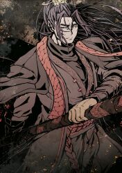 1boy black_eyes black_hair black_hanfu black_sash chinese_clothes embers furrowed_brow hair_flowing_over hair_ornament hairpin hanfu high_ponytail highres holding holding_weapon jia_qiu_(project_moon) limbus_company long_hair long_sleeves looking_at_viewer male_focus mry_46 narrowed_eyes ponytail project_moon red_scarf sailor_collar sash scarf serious sidelocks solo staff stole weapon xiao_guan_(headdress)