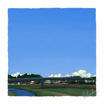 Rule 34 | alu.m (alpcmas), blue sky, border, bridge, building, canal, cloud, day, highres, house, no humans, original, outdoors, path, road, signature, sky, urban, white border